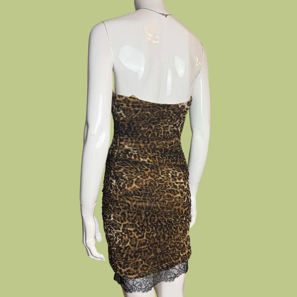 BCBGMaxAzria Leopard Print Ruched Bovary Dress with Lace Trim - Picture 8 of 8